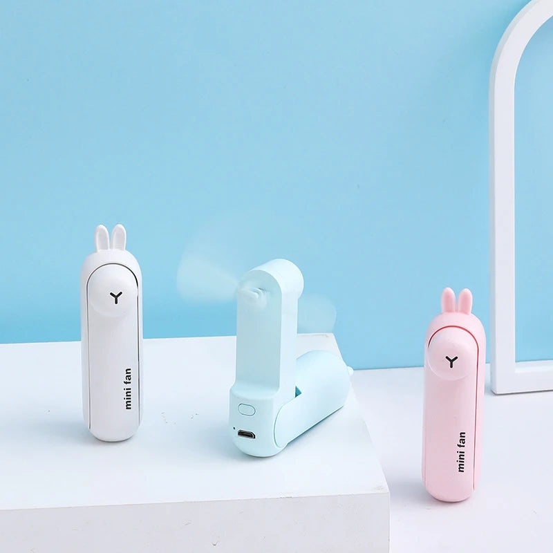 Cute Mini Fan Kipas Portable Hand Folding Hidden Blade Switch USB Charge Battery Table Desk Cooling Hand Rope Buckle Fan