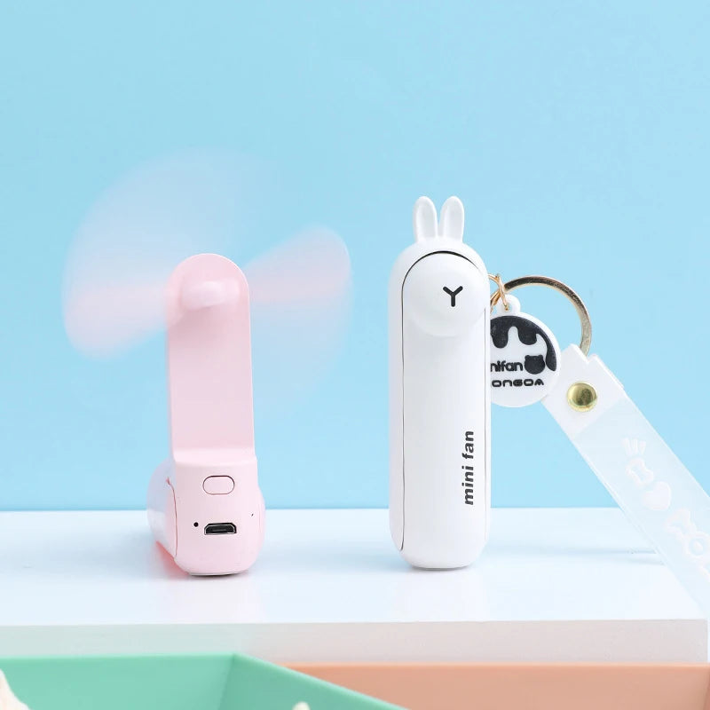 Cute Mini Fan Kipas Portable Hand Folding Hidden Blade Switch USB Charge Battery Table Desk Cooling Hand Rope Buckle Fan