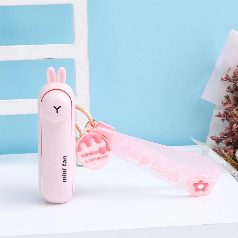 Cute Mini Fan Kipas Portable Hand Folding Hidden Blade Switch USB Charge Battery Table Desk Cooling Hand Rope Buckle Fan