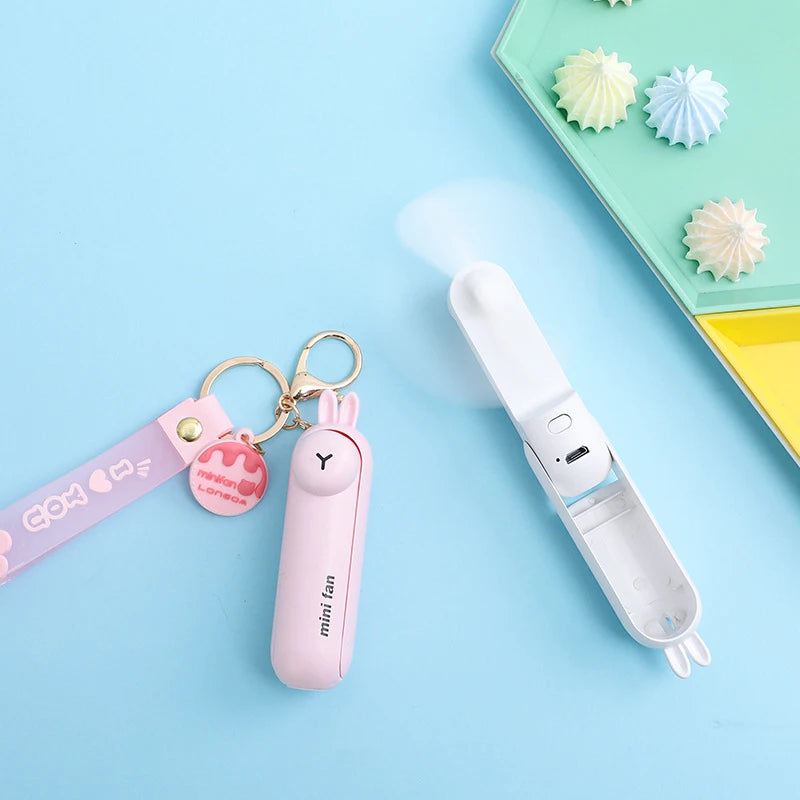 Cute Mini Fan Kipas Portable Hand Folding Hidden Blade Switch USB Charge Battery Table Desk Cooling Hand Rope Buckle Fan