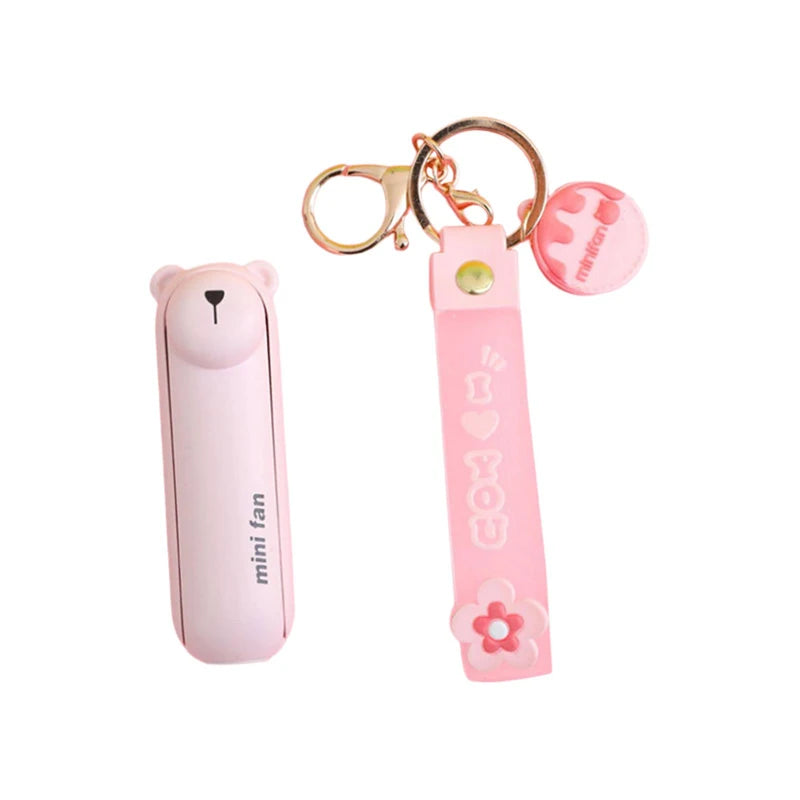 Cute Mini Fan Kipas Portable Hand Folding Hidden Blade Switch USB Charge Battery Table Desk Cooling Hand Rope Buckle Fan